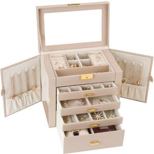 Jewelry Box for Women, 5-Layer Jewelry Organizers Box, Large Jewelry Storage Box for Girls, Jewelry Holder Organizers Gift for Valentine's Day, Christmas (Apricot)