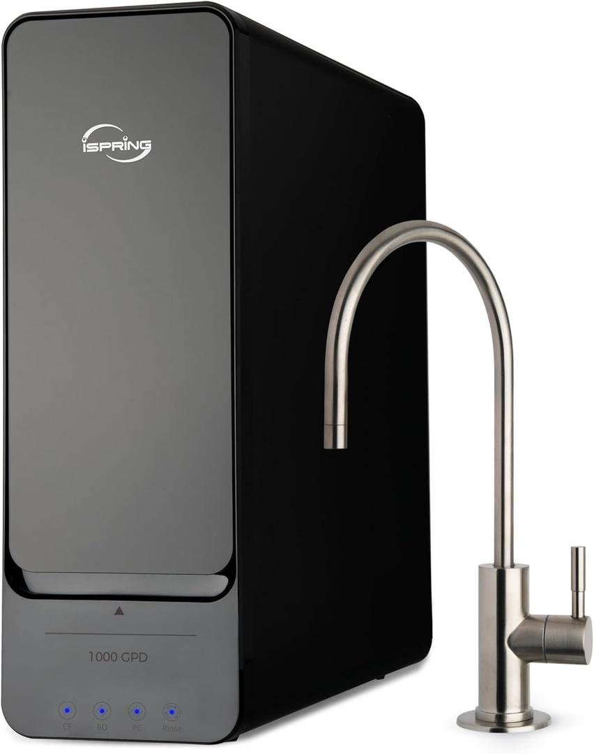iSpring RO1000-BN Tankless Reverse Osmosis System, 1000 GPD Fast High Flow Under Sink Reverse Osmosis Water Filtration System, 2:1 Low Drain Ratio, TDS PFAS Reduction, Auto Flush, Filter Reminder, Set name: 1000 GPD RO + Brushed Nickel Faucet