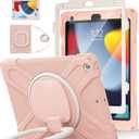 BATYUE for iPad 9th/ 8th/ 7th Generation Case (iPad 10.2 inch Rugged Case 2021/2020/2019) with Screen Protector, Rotating Stand/Pencil Holder/Carrying Shoulder Strap (Rose Gold)