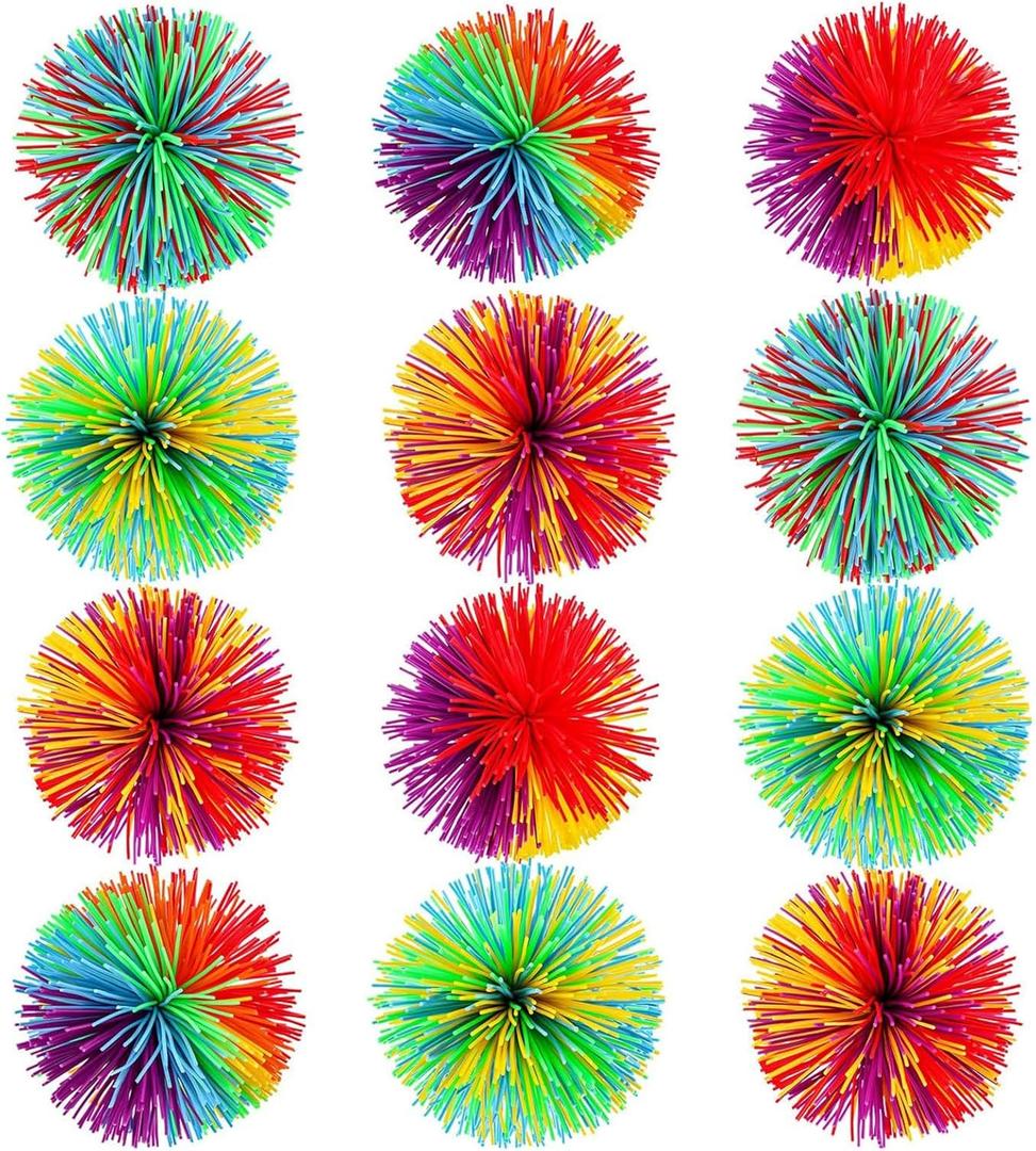 Leinuosen 12 Pieces Stringy Balls Sensory Stringy Ball Soft Rainbow Pom Bouncy Stress Bags Stuffers Party Favors Birthday Gifts, Multicolor (2.75 Inch)