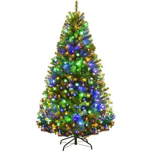 Goplus 5FT Pre-Lit Artificial Christmas Tree, Hinged Spruce Xmas Full Tree with 150 LED Multicolor Lights, 11 Lighting Modes, 600 PVC Branch, Foldable Base, for Indoor Home Office Decoration