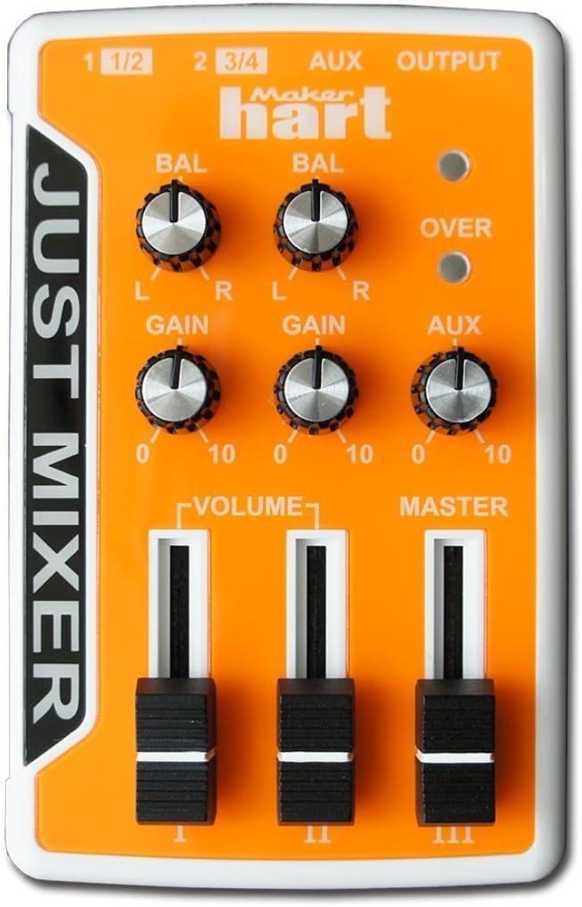 JUST MIXER Audio/DJ Mixer - Battery/USB Powered Portable Pocket Audio Mixer w/ 3 Stereo Channels (3.5mm) Plus On/Off Switch (Orange)