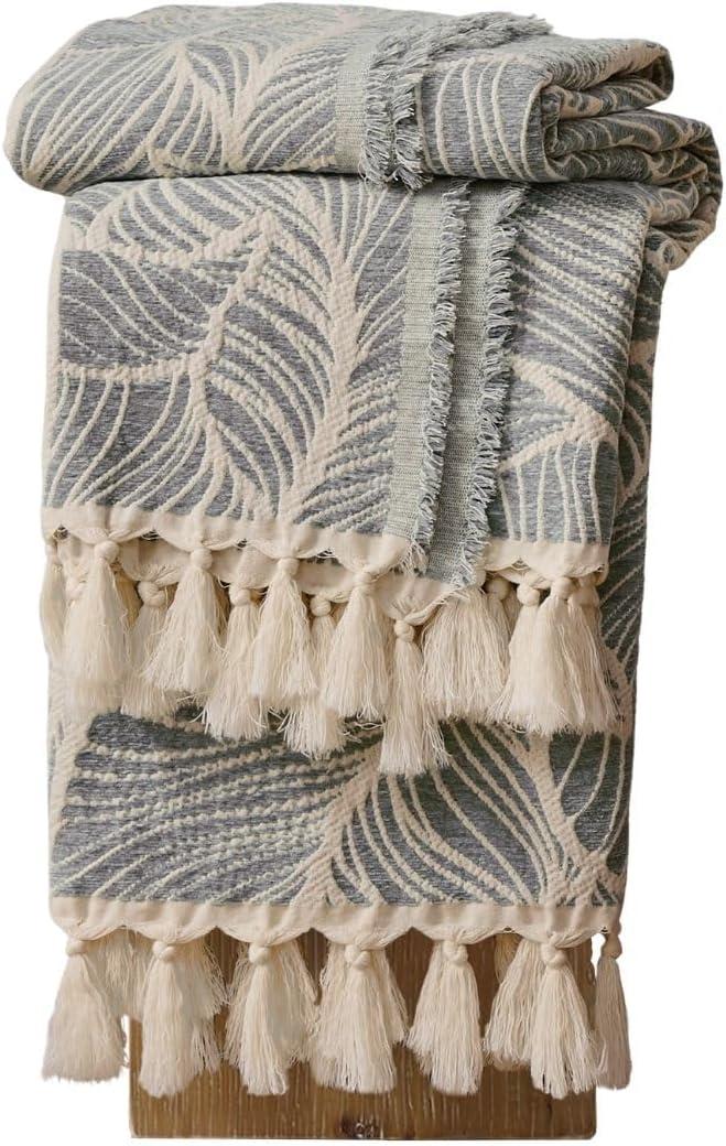 DOWN HOME Chenille Cotton Throw Blanket for Couch, Lightweight Boho Blanket for Bed Sofa Chair Living Room Outdoor Soft Woven Decorative Blanket with Tassel Gift Grey Leaves 90"x108"