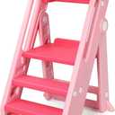 Onasti Toddler Tower Kitchen Stool Helper - Foldable & Adjustable Height Kids Learning Stool for Kitchen Counter Bathroom Sink, Child Ladder for Toddlers with Handles, Safty Rail, Non-Slip Pads-Pink