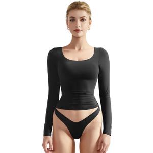 SUUKSESS Women Double Lined Fitted Basic T Shirts Scoop Neck Long Sleeve Crop Top (Medium, Black)