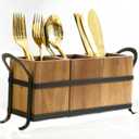 Utensil Caddy Silverware Cutlery Holder with 3 Compartment, Wooden Utensil Crock Flatware Organizers with Metal Tray, Rustic Kitchen Utensil Organizers for Farmhouse Kitchen and Countertop