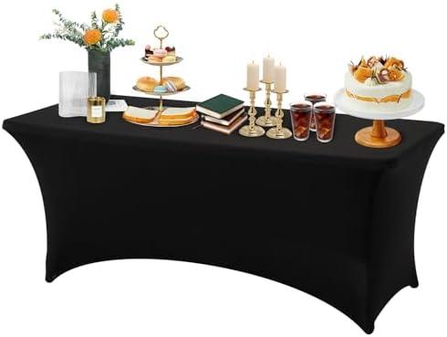Ledido 6FT Table Cloth for Rectangle Tables, Spandex Stretch Tablecloth Fitted Washable Table Covers Protector for Event Party Graduation Wedding Cocktail Banquet Festival Decor, Black