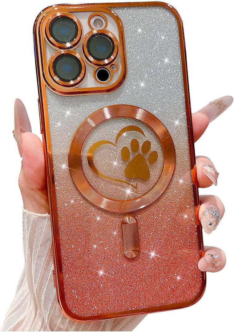 for iPhone 16 Pro Max Case, Glitter Clear Cute Paw Love Heart, Compatible with MagSafe, Strong Magnetic Full Camera Lens Protection Cover, Soft Slim Bling Phone Case 6.9" - Orange