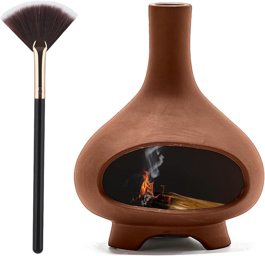 Palo Santo Holder Handmade Ceramics Incense Burner Chimney Dish Smudge Bowl for Palo Santo Sticks Sage Bundles with Brush(Brown) (Round, Red)