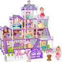 Doll House for Girls ,13 Rooms Doll House with 2 Dolls, Lights, Puppies ,Furnitures, Accessories, Toddler Playhouse Gift for for 3 4 5 6 7 8 9 10 Year Old Girls Toys ( Purple)