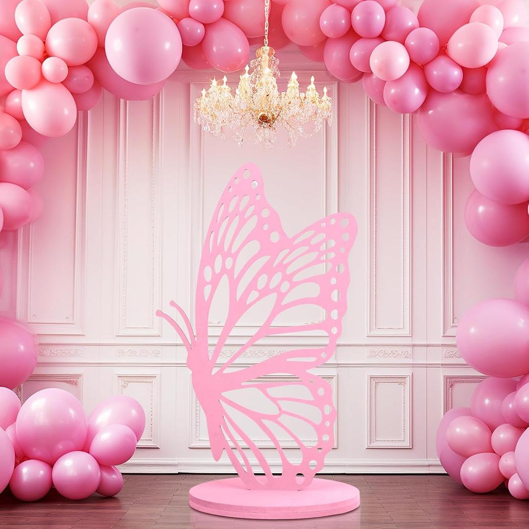 3ft Wood Butterfly Prop Large Butterfly Wings Cutout Standing Backdrop Princess Prop Decoration for Baby Shower Birthday Party(Pink)