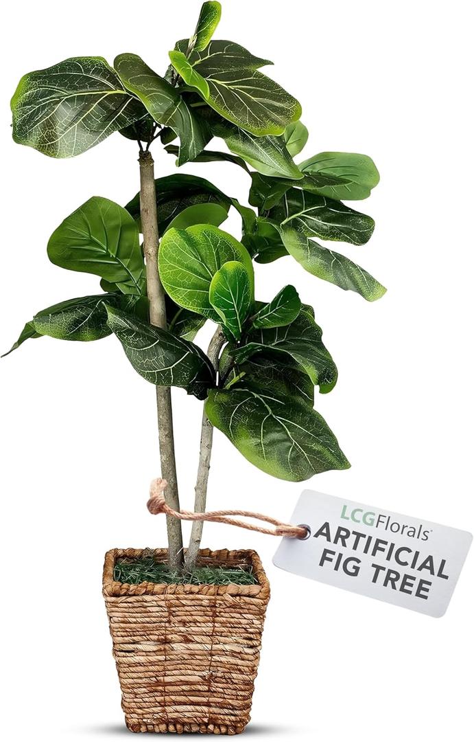 3.2ft Artificial Fiddle Leaf Fig Tree in Woven Basket - Real Wood Trunk, Preassembled, No Maintenance Indoor Faux Plant - Living Room, Home & Office Decor (Different Pot)