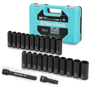 DURATECH 24-Piece Impact Socket Set, 1/2" Drive Deep Impact Socket Set with 2pcs 1/2-Inch Hexagon Extension Bars, Metric  SAE, Hard Case Included