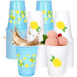 100Pcs Lemon Plastic Cups 16Oz Blue White Lemon Print Disposable Drinking Lemonade Cup Stackable Party Cups for Summer Birthday Baby Shower Citrus Party Supplies