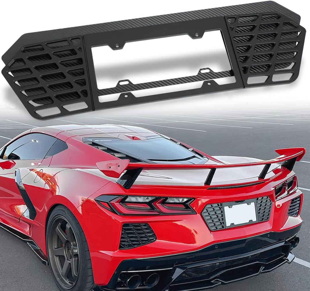 Rear License Plate Frame fit for C8 Corvette Stingray Z51 2020 2021 2022 2023 2024 2025 Glossy Aluminum and Black Carbon Fiber License Plate Frames