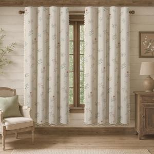 Boho Floral 100% Blackout Curtains 72 Inch Length 2 Panels Set, Linen Texture Farmhouse Curtains Beige Tassel for Living Room Bedroom Vintage Rustic Patterned Printed Western Rod Pocket