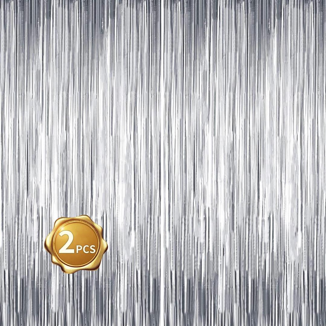 BEISHIDA 2 Pcs Silver Door Streamers Tinsel Curtain Party Streamers Backdrop Fringe Foil Wall Background for Birthday Halloween Christmas Wedding Party Decoration(3.28 ft x 6.56 ft)