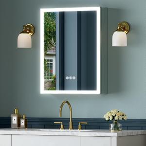 16x24 Inch Medicine Cabinet with Lights, Lighted Medicine Cabinet with Mirror, AL Alloy Frame, Hardwired, Recessed or Wall Mount, 3 Light Colors/Dimmable/Defog,2 Outlets&USBs, 2 Shelves