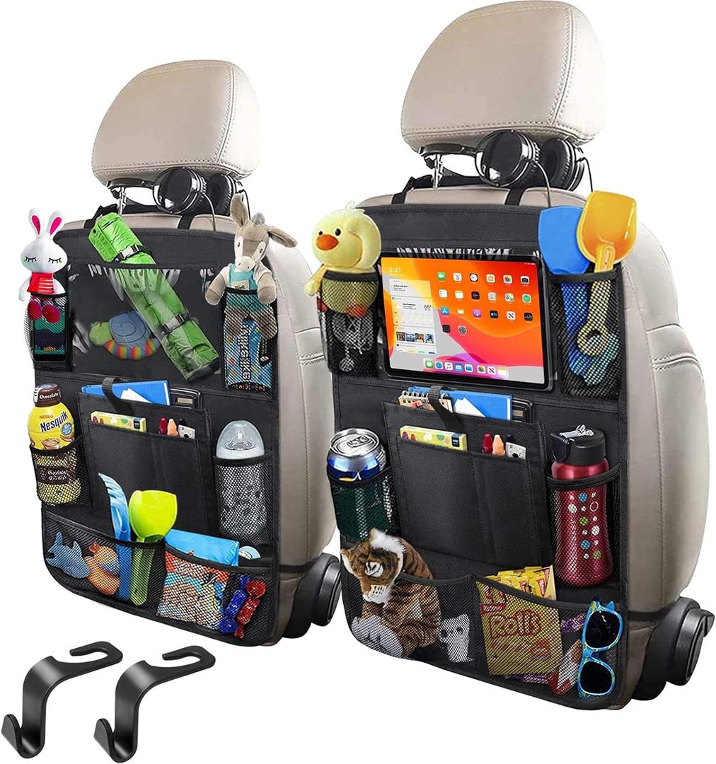 Car Storage Organizer 2 PCS, Car Backseat Organizer for Kids Durable Waterproof Oxford Fabric with Touchable Tablet Holder 8 Mesh Pockets and 2 Pockets for Snacks Toys, Car Travel Accessories