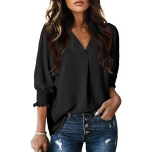 Dokotoo Dressy Tops for Women Trendy 2026 V Neck Flowy 3/4 Length Sleeve Womens Tops Business Work Fall Summer Blouses Office Shirts Women's Clothing Funeral Outfit Black Top M