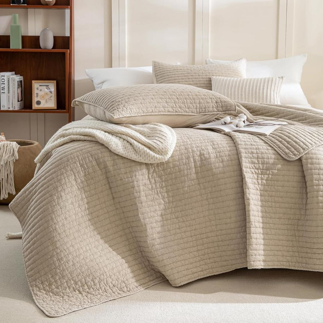 Sanracie Cotton Oversized King Bedspread(128"x120"), Soft Dark Wheat Color Stonewashed Extra Large Wide Oversized Quilt Sets Cross Stitch Lightweight Crinkle Coverlet Set 3Pcs for All Season