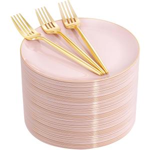 Rubtlamp 200Pcs Plastic Pink Dessert Plates with Disposable Gold Forks,Heavy Duty Pink Disposable Salad Platos,Gold Small Platos,Fancy Appetizer Plates for Mother's Day