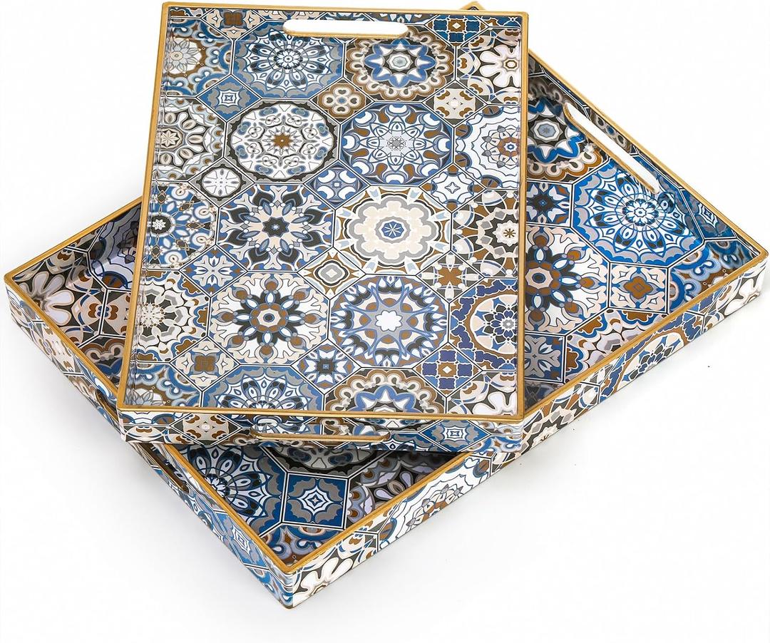 Hiceeden Set of 2 Decorative Serving Trays with Handles, Boho Tea Trays Ottoman Trays for Serving, Modern Plastic Coffee Table Tray for Living Room, Kitchen, Bathroom, Rectangle, Blue