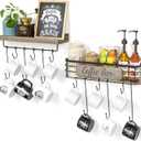 Coffee Mug Holder Organizer 1 Pack with 12 Mug Hooks Mug Rack Wall Mounted with Coffee Bar Sign Farmhouse Coffee Accessories and Organizer with Metal Basket Floating Shelves for Wall Weathered Walnut