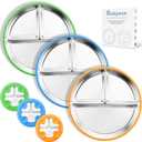 Bakpoco Stainless Steel Suction Plates for Toddlers, 9" Divided Kids Baby Plates with Removable Silicone Suction, Non Toxic Non Slip Portion Control Snack Dishes 3 Packs, Bright Orange/Blue/Green, 9" Round