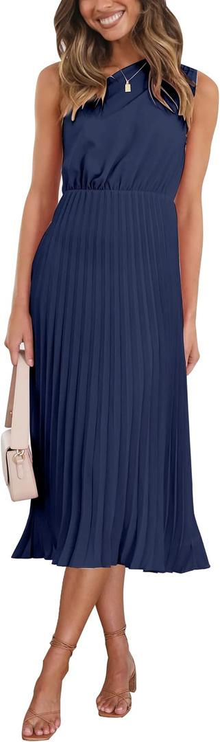 Chriselda Womens Summer 2023 One Shoulder Sleeveless Pleated Midi Dresses Casual Loose Fitted Cocktail Party Dress M