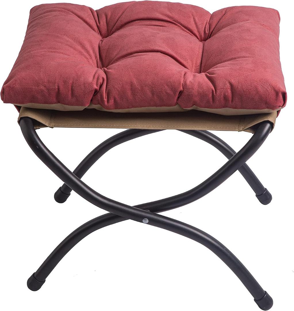 15" Foldable Foot Stool Ottoman with Metal Frame - Washable Red Upholstered Indoor/Outdoor Footrest for Living Room, Bedroom, Patio - Space-Saving Compact Design, Small