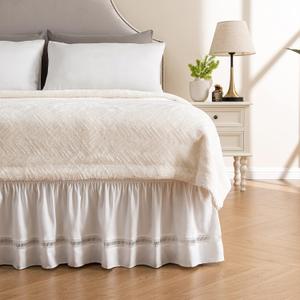 MIYE Wrap Around Ruffled Lace Bed Skirt, Elastic Dust Ruffle with Adjustable Belts, Easy to Put On, Bed Frame Cover, Machine Washable (Ruffled Lace/White, King/Queen-15 Drop)