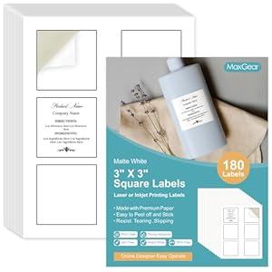 3 x MaxGear 3" x 3" Square Labels, for Inkjet or Laser Printer, Matte White Printable Sticker Paper Labels Sheets, Strong Adhesive, Dries Quickly, Holds Ink Well, 540 Pcs 
