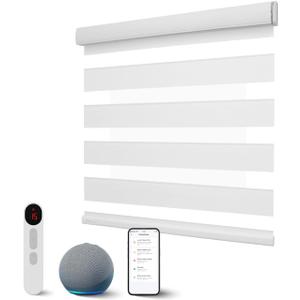 Motorized Zebra Blinds with Remote, Smart Dual Layer Automatic Shades with Privacy Light Control, Cordless Electric Blackout Blind for Indoor Windows, White, 35" W x 72" H