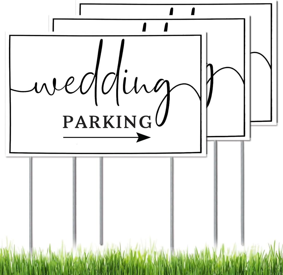 Wedding Signs 3-Pack Parking This Way Directional Signs Double Sided Printed with Stakes for Wedding Ceremony and Reception - 16 x 12 Inch