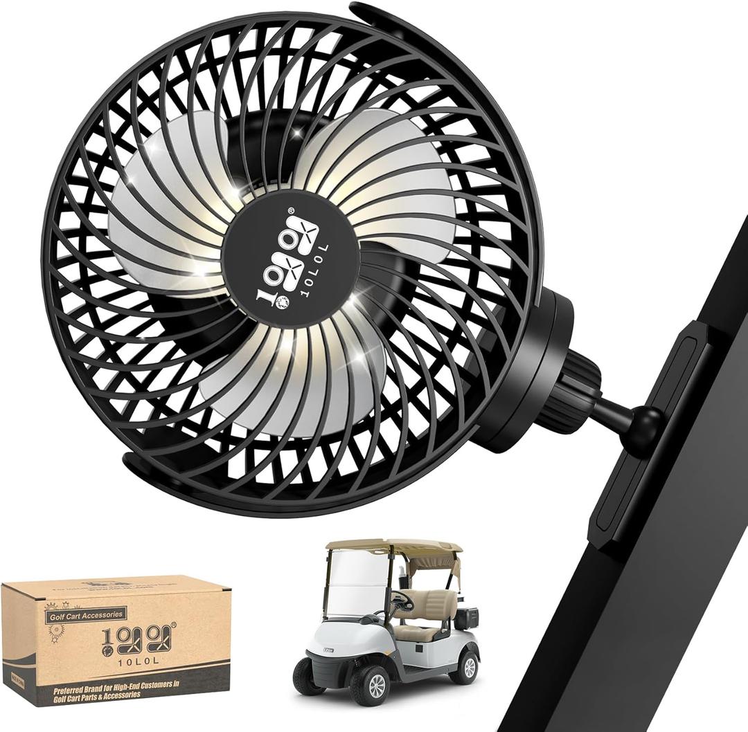 10L0L Rechargeable Golf Cart Fans - 60Hrs Runtime Big Battery Operated Portable Fan 360 Rotatable Head, Fits EZGO/Club Car/Yamaha Golf Cart with LED Light