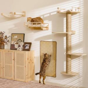 FUKUMARU Cat Wall Shelves, 4 in 1 Set, Beige
Stable Wooden Wall-Mounted Furniture Set, Climbing Tree with Hammock, Bed, Perch and Scratching Mat