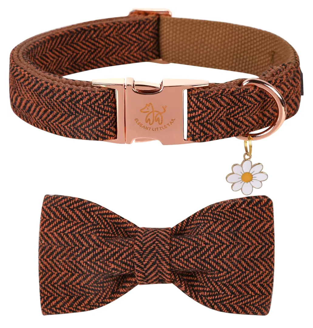 Elegant Little Tail Halloween Collar - Herringbone Orange Bow Cotton Durable Bowtie Collar for Medium Dogs