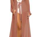 Pink Queen Women's Long Sleeve Flowy Maxi Swimsuit Tie Front Robe Cover Up (Large, Coffee)