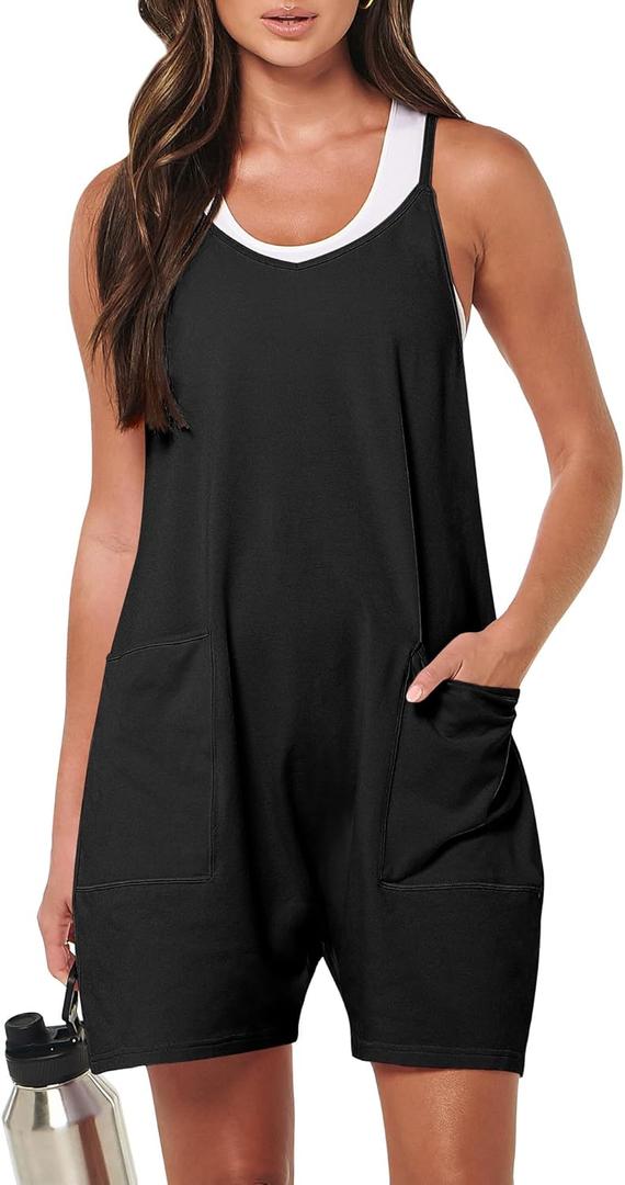 ANRABESS Womens Rompers Summer Casual Loose Sleeveless Overalls Spaghetti Strap Shorts Jumpsuit 2026 Beach Vacation Clothes (Black, L)