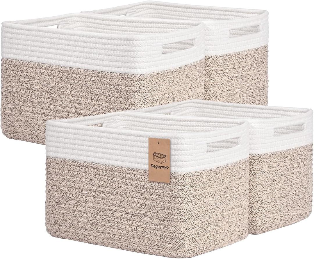 Storage Baskets for Organizing, 4 Pack Baskets for Shelves, Decorative Storage Bins for Shelves, Cotton Rope Storage Basket with Handles, Woven Basket for Storage, 13''Lx8.7''Wx7.9''H, White & Brown