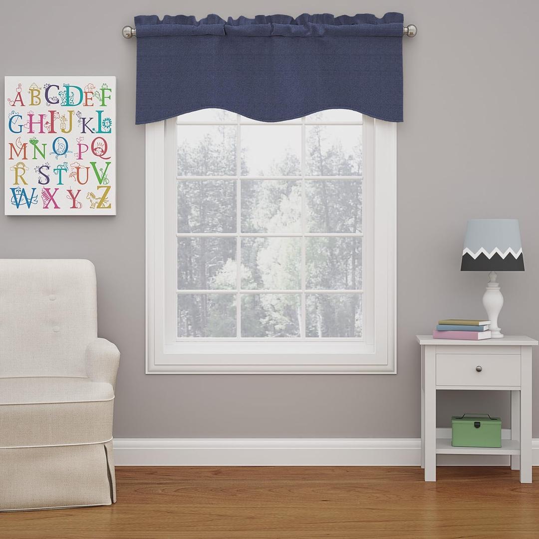 ECLIPSE Kendall Modern Scalloped Valance Rod Pocket Window Curtain for Kitchen or Bathroom, 42" x 18", Denim