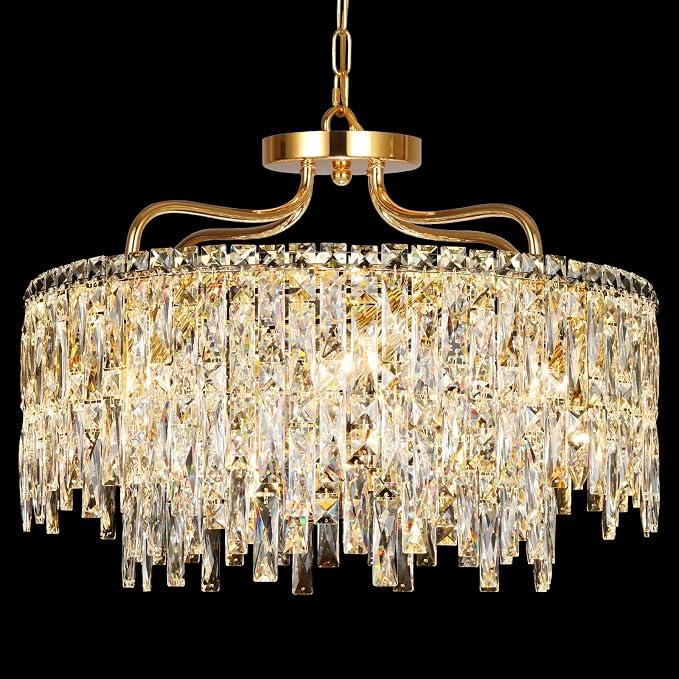 24" 8 Lights Gold Crystal Chandeliers for Dining Room Light Fixture Modern Luxury Round Pendant Ceiling Lighting for Living Room Bedroom Entryway Foyer, Adjustable Height, Easy to Install