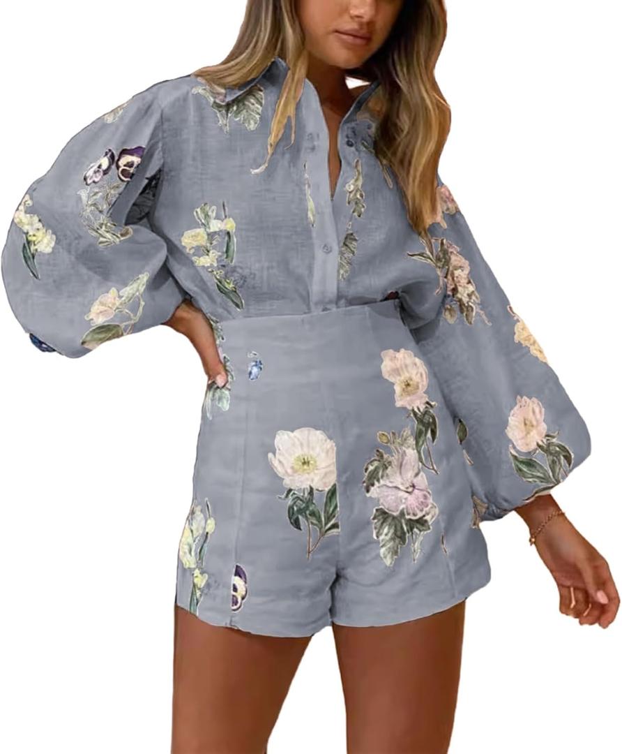 Molilove Womens 2 Piece Outfit Hawaiian Long Sleeve Button Down Shirt Shorts Tracksuit Lounge Set Shorts Set (X-Large, Grey)