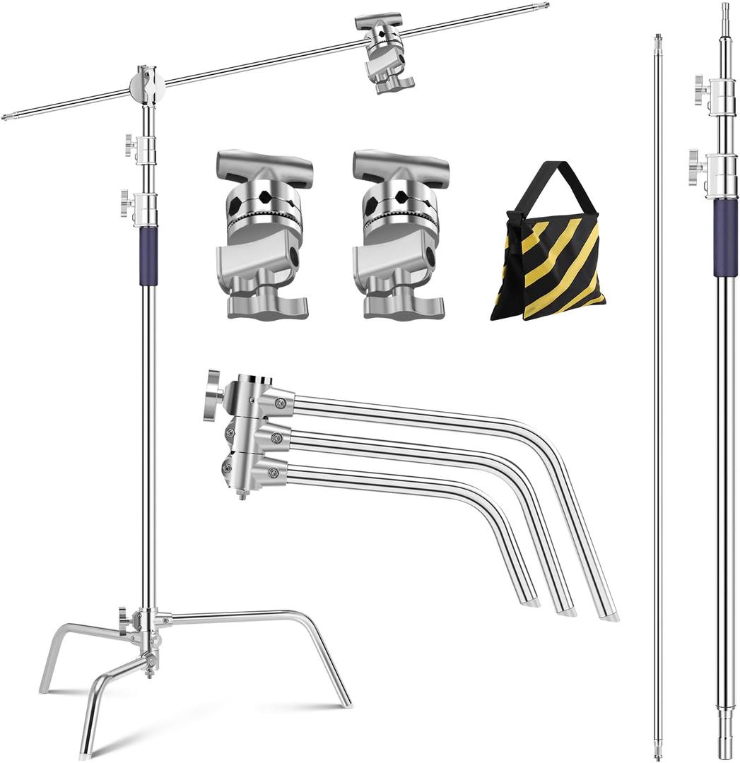 K&F CONCEPT Heavy Duty C Stand 10.8ft/330cm with Holding Arm Sandbag, 2*Grip Head Stainless Steel Photography Light Stand C-Stand Sturdy for Studio Monolight, Softbox, Reflector