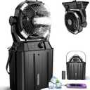 Misting Fan Portable for Outside, Camping Mister Cooling Fan for Outdoors Patios, Rechargeable Battery Operated Mist fans, 4 Spray Outlets, 3 Lights Modes, 4 Timer for Fishing/ Golf/ Garden/ Party/ Beach (Black)