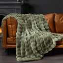 PHF Ultra Soft Cozy Warm Faux Fur Throw Blanket, 50"x60", Olive Green | Luxury Fluffy Plush Bubble Blanket for Bed, Couch, Chair, Sofa Decorative, Thick Reversible Throw Suitable for Fall & Winter