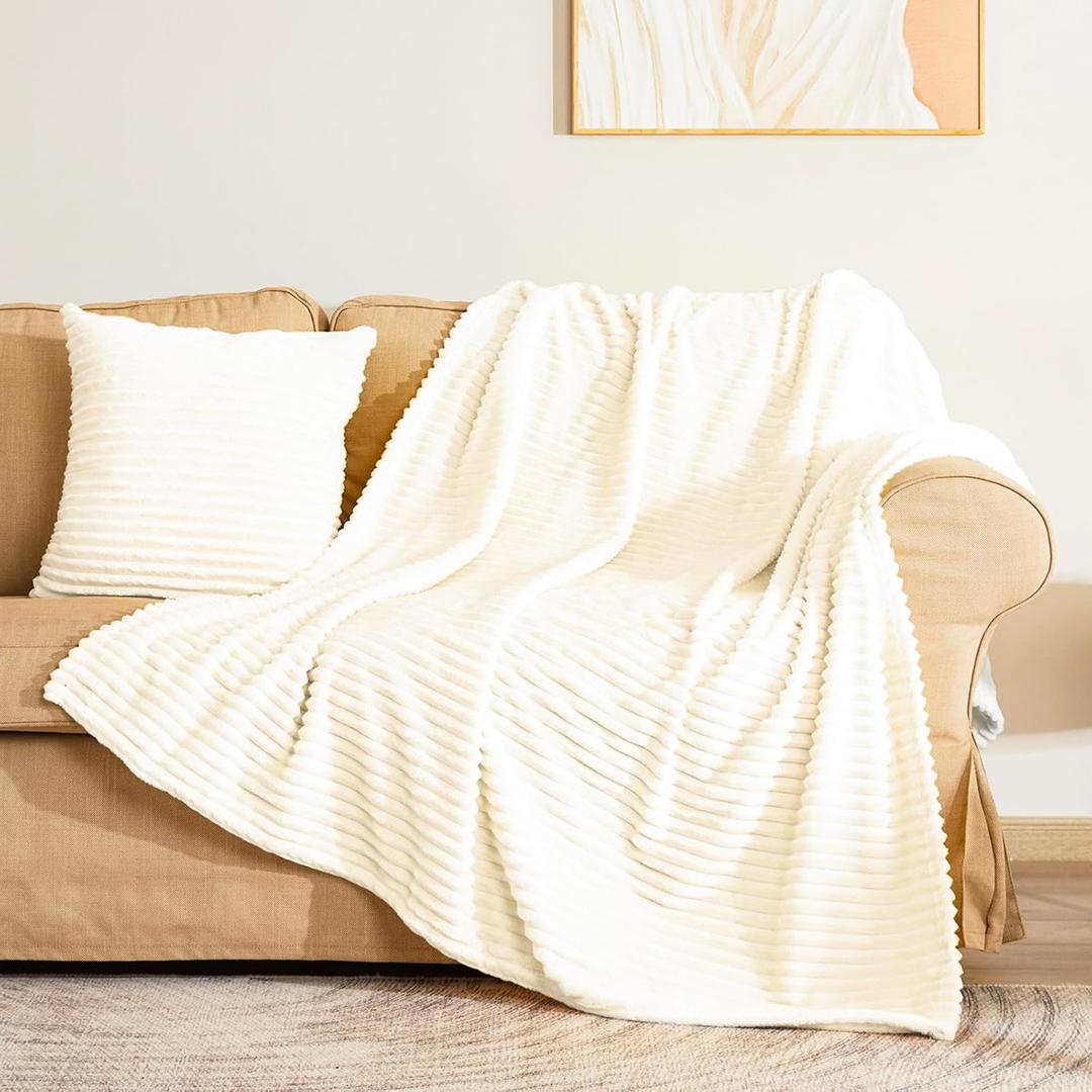 Vessia Flannel Fleece Cream Throw Blanket(50x71 Inch) for Couch with Pillow Cover(18 * 18 Inch), Warm Cozy Soft Striped Pattern Blanket, Microfiber Ivory Ribbed Sofa Throw for All Season