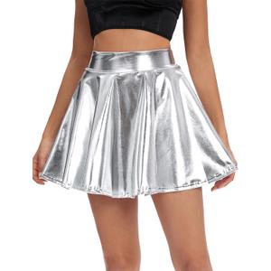 Urban CoCo Women's Shiny Flared Pleated Mini Skater Skirt (Medium)