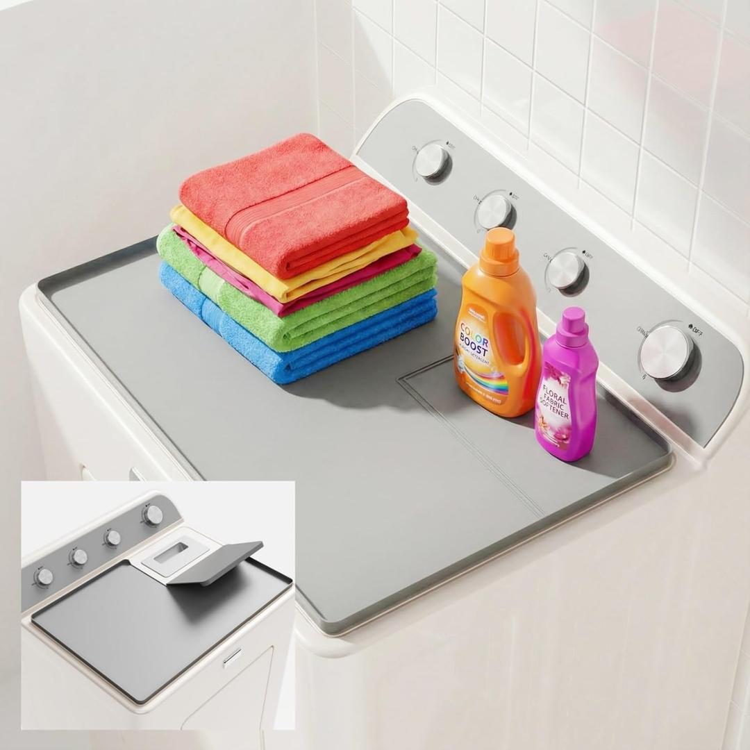 Dryer Top Protector Mat with Lint Trap Hole Cut Out Set  26" x 17.75" Non-Slip Waterproof, Dustproof Silicone Dryer Cover with Raised Lip, Laundry Machine Cover for Laundry Room & Kitchen (Gray)